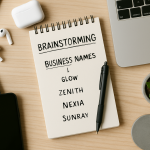 A modern workspace with a notepad, brainstorming ideas for business names