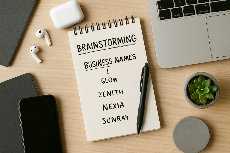 A modern workspace with a notepad, brainstorming ideas for business names