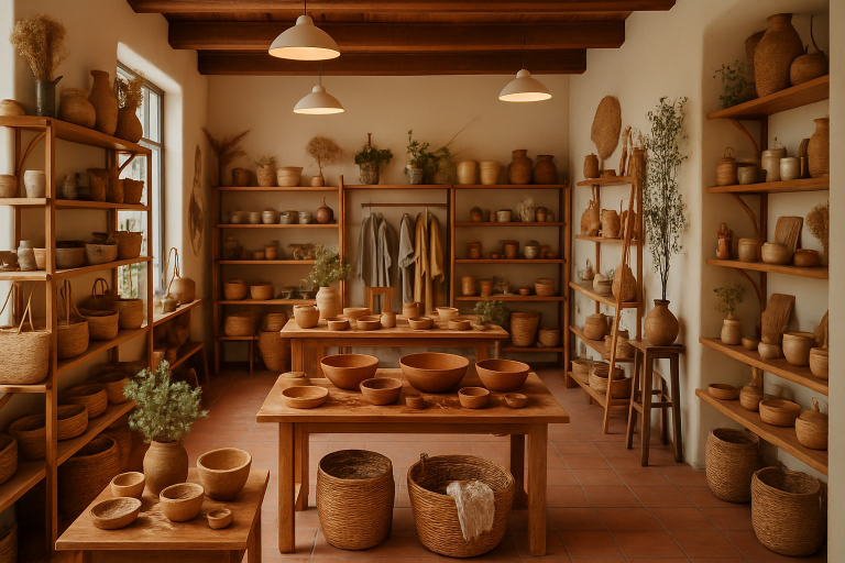 A beautifully curated artisan shop filled with handmade products, showcasing unique crafts and inviting ambiance.