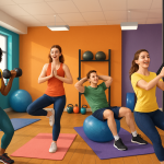A vibrant fitness studio interior, showcasing a variety of workout areas and cheerful clients engaged in different exercises.