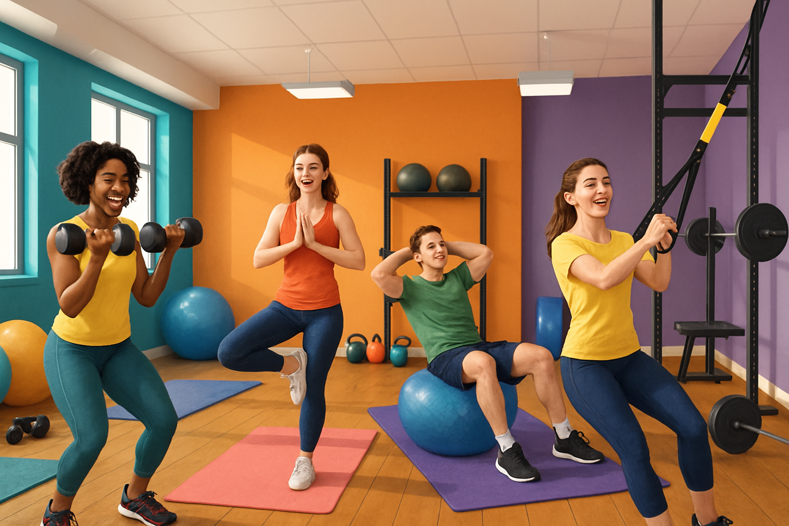 A vibrant fitness studio interior, showcasing a variety of workout areas and cheerful clients engaged in different exercises.