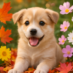 Create a photorealistic image of a playful puppy surrounded by seasonal decorations, like colorful leaves, snowflakes, or flowers, reflecting a joyful and vibrant atmosphere. Create a photorealistic, professional, natural-looking image with believable lighting and detail.
