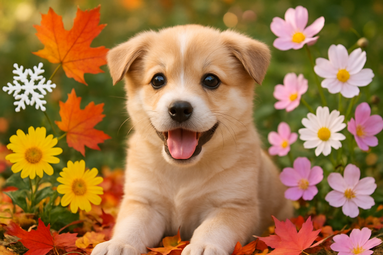 Create a photorealistic image of a playful puppy surrounded by seasonal decorations, like colorful leaves, snowflakes, or flowers, reflecting a joyful and vibrant atmosphere. Create a photorealistic, professional, natural-looking image with believable lighting and detail.