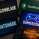 A montage of gaming usernames displayed on various gaming platforms with vibrant colors and graphic visuals. Create a photorealistic, professional, natural-looking image with believable lighting and detail.
