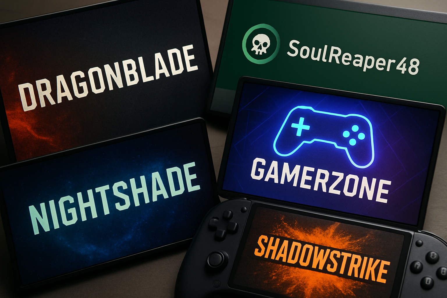 A montage of gaming usernames displayed on various gaming platforms with vibrant colors and graphic visuals. Create a photorealistic, professional, natural-looking image with believable lighting and detail.