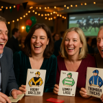 A lively race night scene with guests laughing and engaging in games, featuring jockey cards with humorous names and a festive atmosphere. Create a photorealistic, professional, natural-looking image with believable lighting and detail.