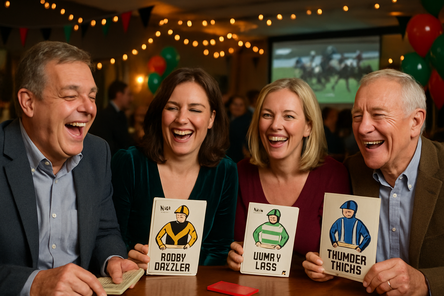 A lively race night scene with guests laughing and engaging in games, featuring jockey cards with humorous names and a festive atmosphere. Create a photorealistic, professional, natural-looking image with believable lighting and detail.