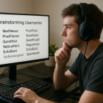 Create a photorealistic image of a gamer at a computer, thoughtfully brainstorming usernames, with a list of user-friendly usernames on the screen. Create a photorealistic, professional, natural-looking image with believable lighting and detail.