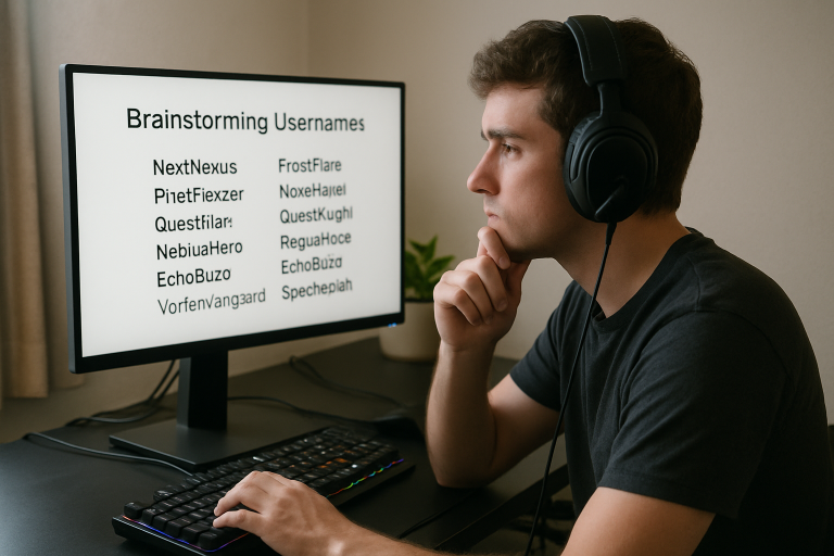Create a photorealistic image of a gamer at a computer, thoughtfully brainstorming usernames, with a list of user-friendly usernames on the screen. Create a photorealistic, professional, natural-looking image with believable lighting and detail.
