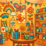 A colorful and cheerful gift shop interior, showcasing whimsical decorations and unique gift items.
