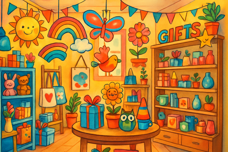 A colorful and cheerful gift shop interior, showcasing whimsical decorations and unique gift items.