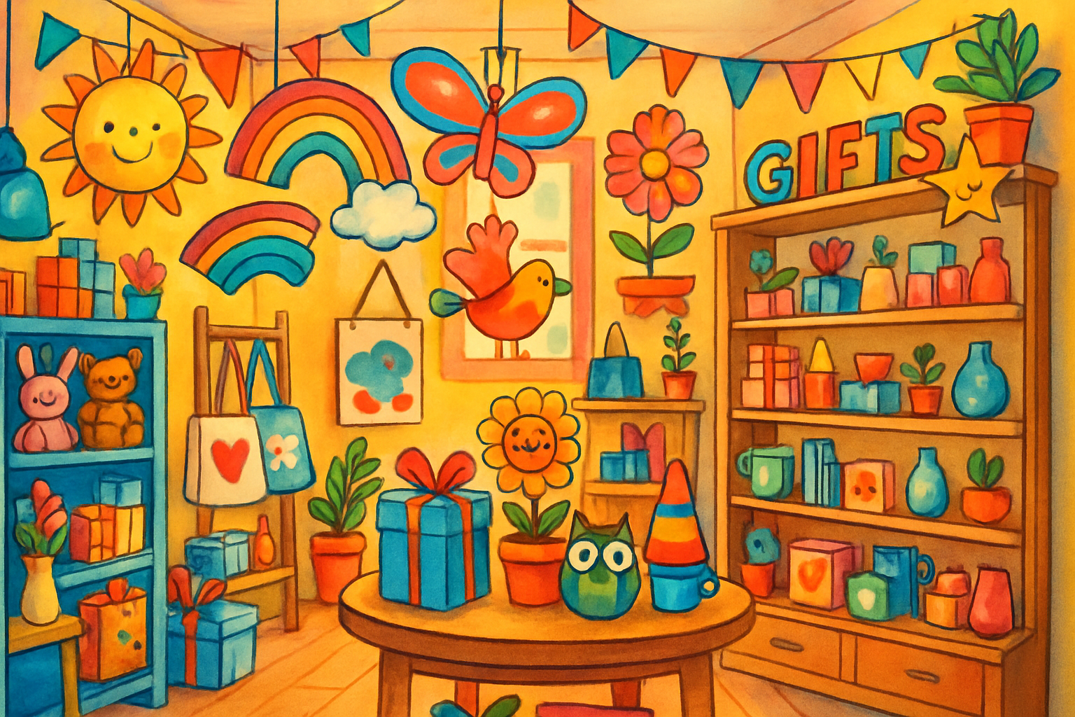 A colorful and cheerful gift shop interior, showcasing whimsical decorations and unique gift items.