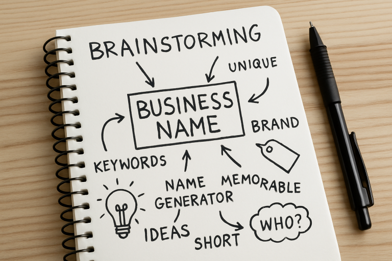 A brainstorming session for choosing a business name with keywords and ideas on a notepad.