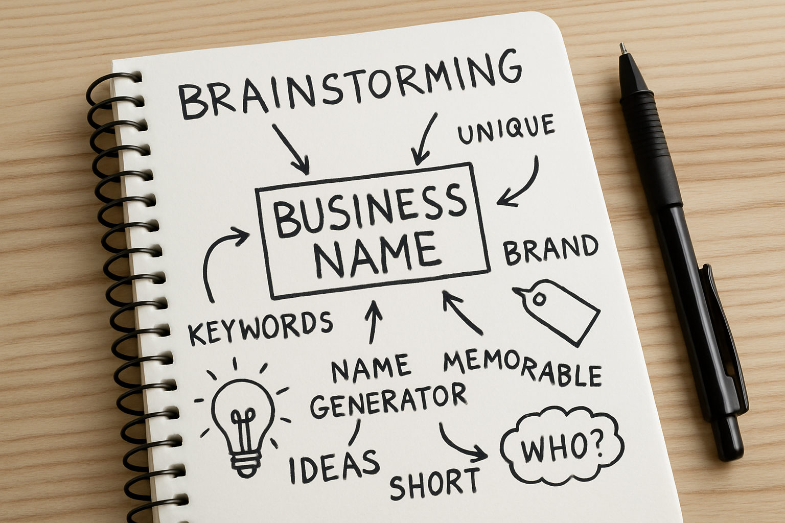 A brainstorming session for choosing a business name with keywords and ideas on a notepad.