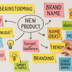 A brainstorming session with colorful sticky notes and ideas on a whiteboard, showcasing creativity in brand name development.