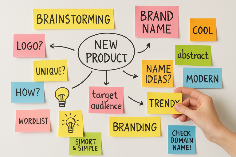 A brainstorming session with colorful sticky notes and ideas on a whiteboard, showcasing creativity in brand name development.