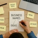 A person brainstorming business names at a desk with notes and a laptop.
