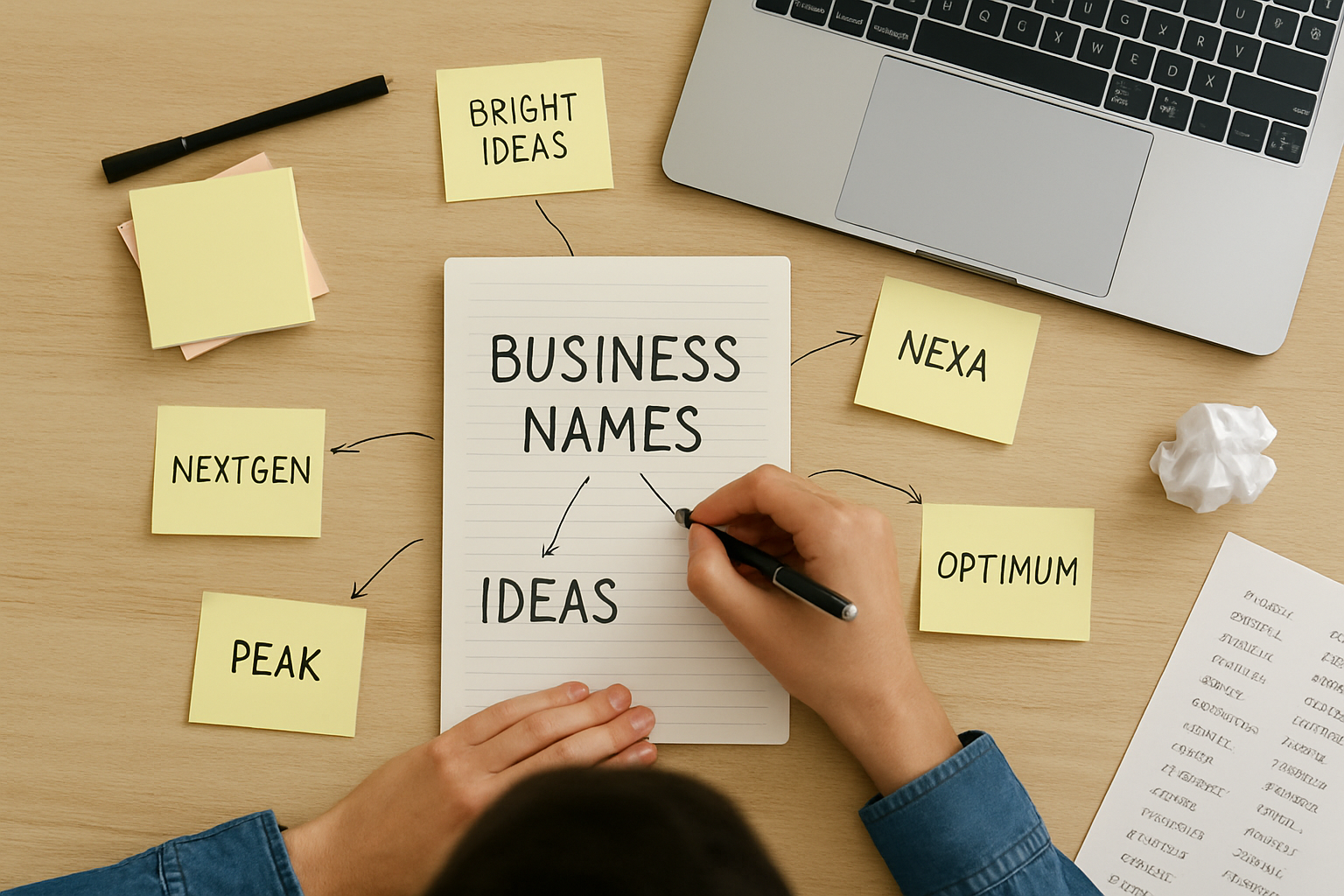 A person brainstorming business names at a desk with notes and a laptop.