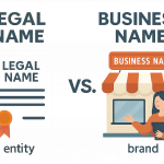 A graphic showing the difference between a legal name and a business name, illustrating their roles in a business context.