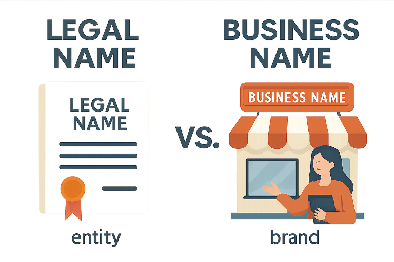 A graphic showing the difference between a legal name and a business name, illustrating their roles in a business context.