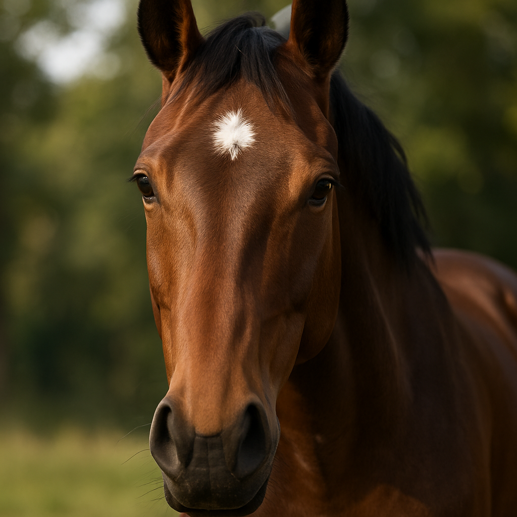 Create an image of a close-up of a horse facing the camera, showcasing its gentle expression and glossy coat. Create a photorealistic, professional, natural-looking image with believable lighting and detail.