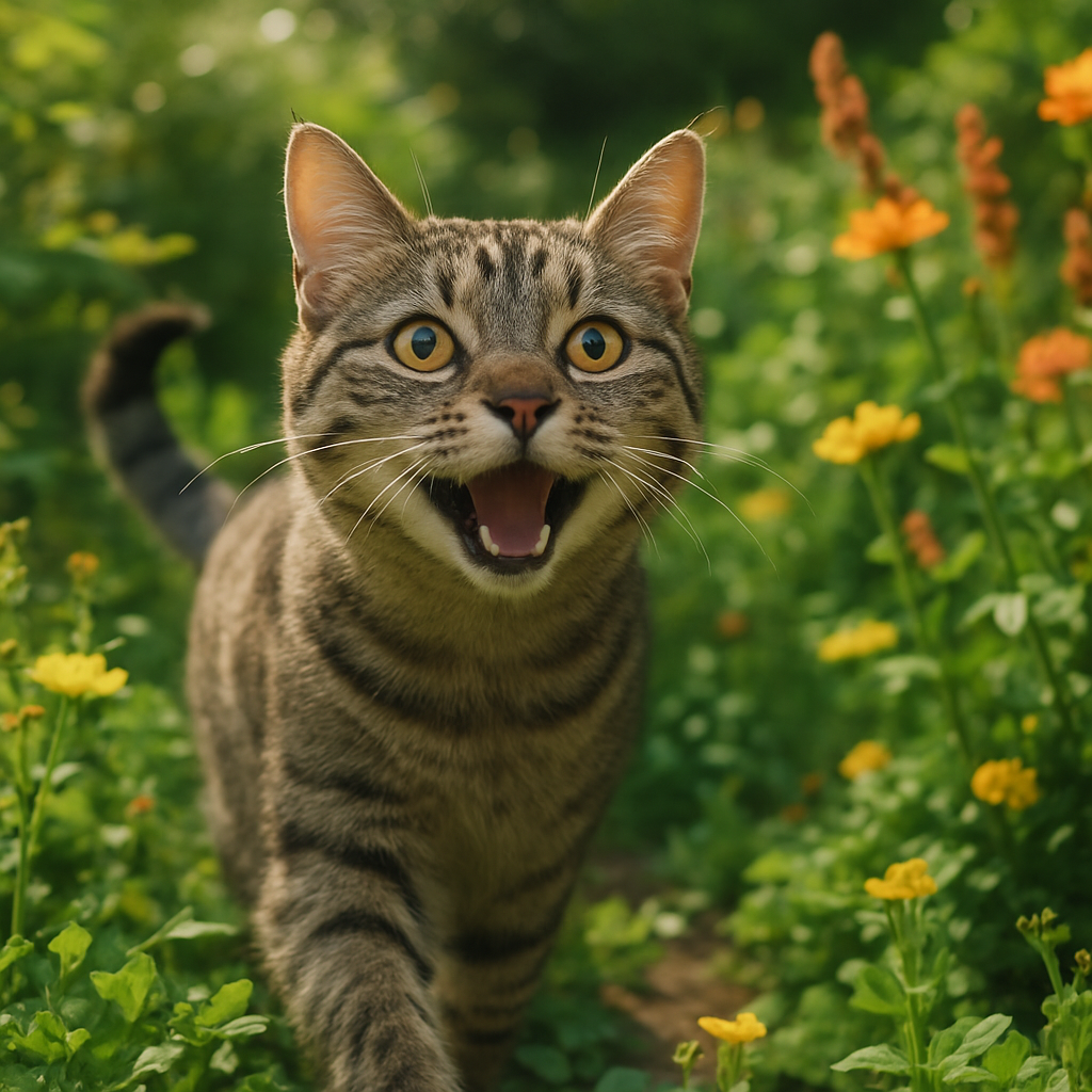 Capture a joyful cat in a lush garden setting, embodying a sense of curiosity and adventure. Create a photorealistic, professional, natural-looking image with believable lighting and detail.