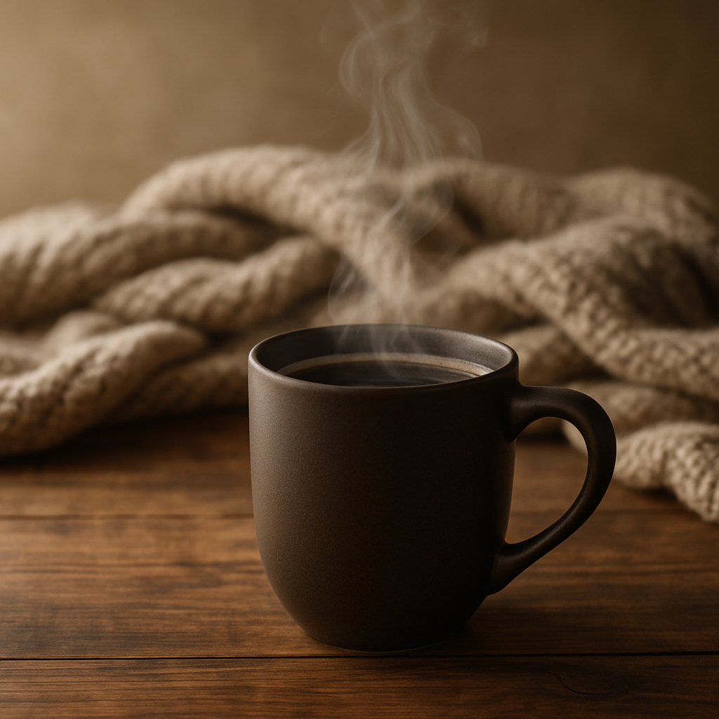 A steaming cup of coffee placed on a wooden table with a cozy blanket in the background.