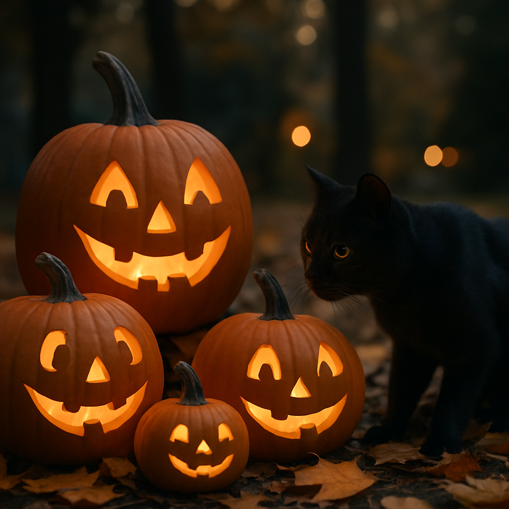A whimsical Halloween scene with playful pumpkins and a curious cat. Create a photorealistic, professional, natural-looking image with believable lighting and detail.