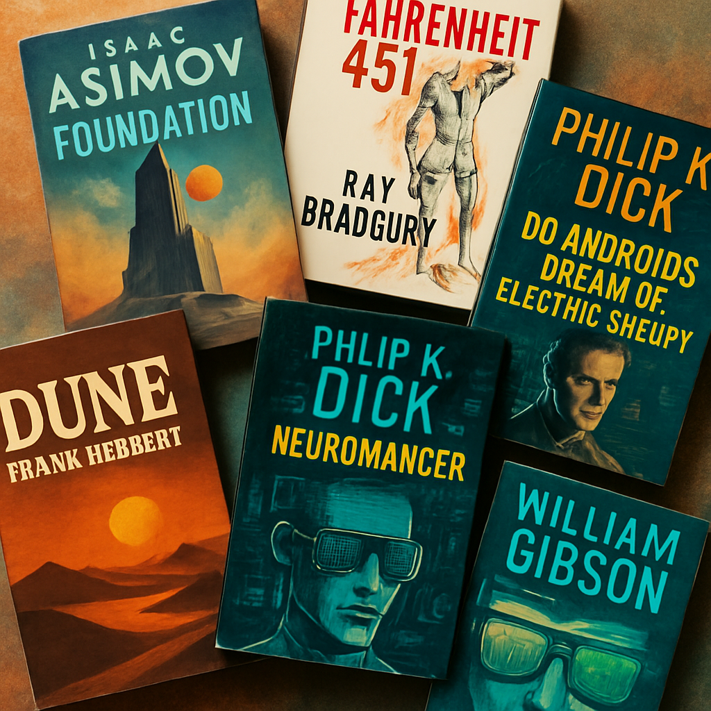 Book covers of popular sci-fi novels displayed in a creative layout.
