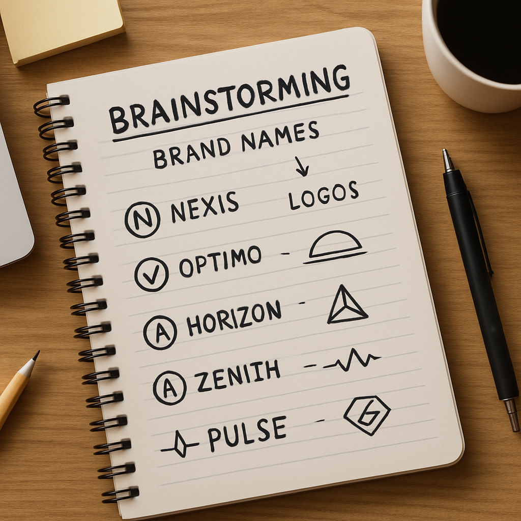 A notebook with brainstorming notes for brand names and logos on a desk.