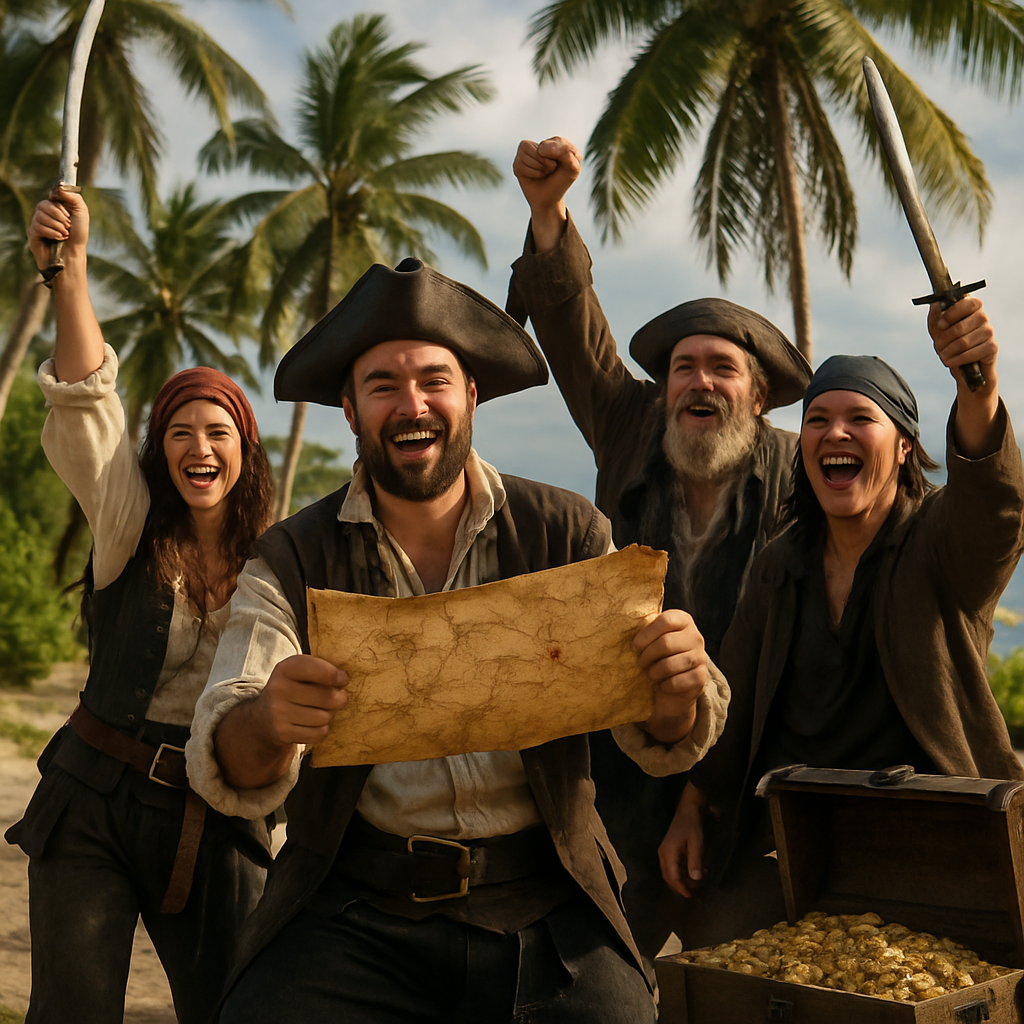 Illustrate a group of pirates celebrating victory on a tropical island, with palm trees and a treasure map in hand. Create a photorealistic, professional, natural-looking image with believable lighting and detail.