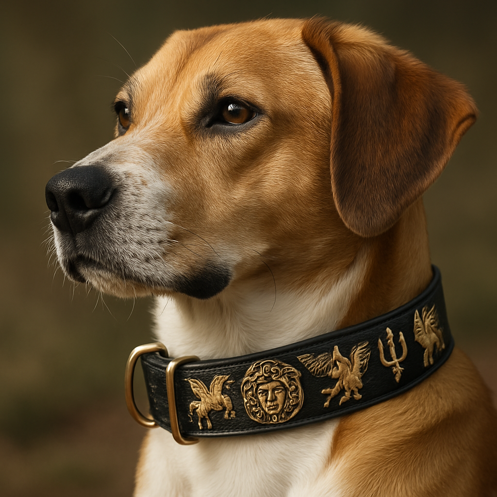 A close-up of a dog wearing a collar adorned with mythological symbols. Create a photorealistic, professional, natural-looking image with believable lighting and detail.