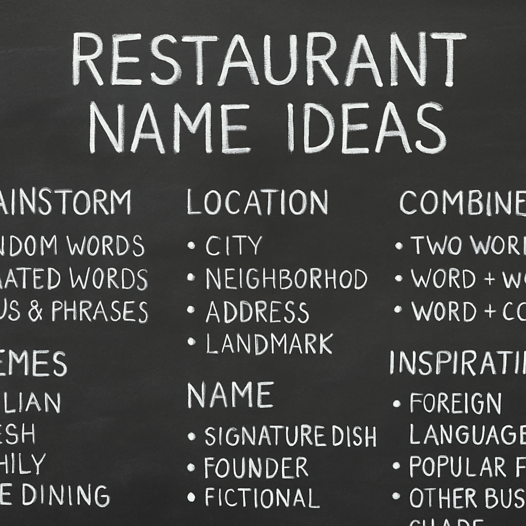 A chalkboard with creative restaurant name ideas written on it, showcasing brainstorming strategies.