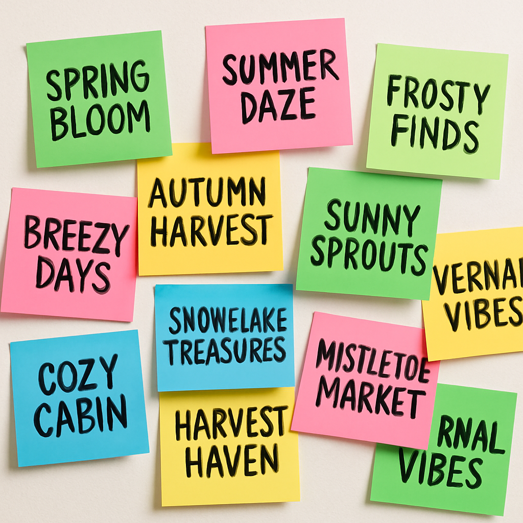 Creative brainstorming session for seasonal business names with colorful post-it notes.