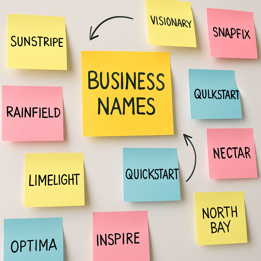 A close-up of a brainstorming session with sticky notes and ideas for business names on a whiteboard.