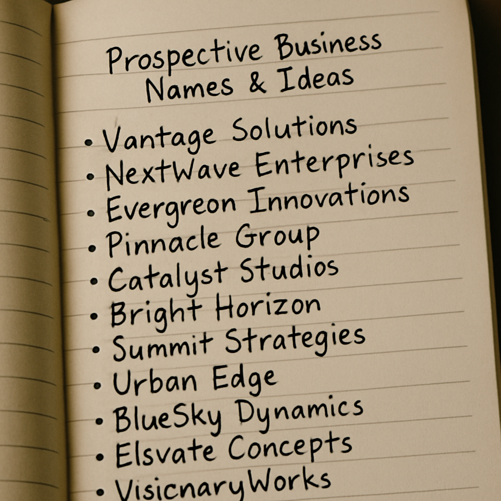 A close-up of a notebook filled with prospective business names and ideas.