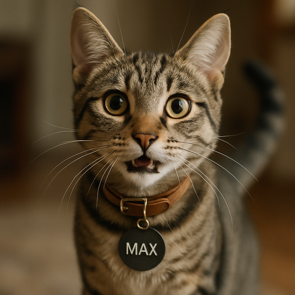 An image of a cat with a name tag, looking playful and curious. Create a photorealistic, professional, natural-looking image with believable lighting and detail.