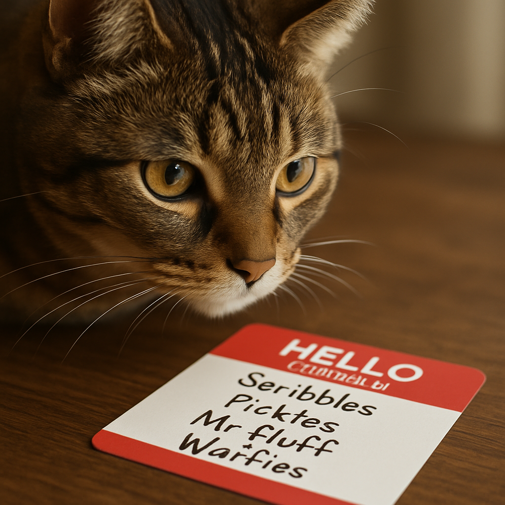 A cat curiously looking at a name tag with unique pet names written on it. Create a photorealistic, professional, natural-looking image with believable lighting and detail.
