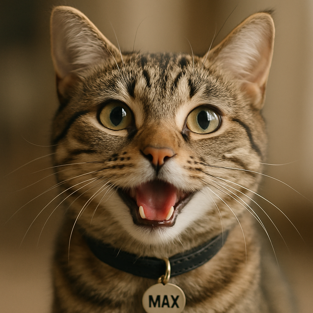 A close-up shot of a cat with a name collar, looking playful and happy. Create a photorealistic, professional, natural-looking image with believable lighting and detail.