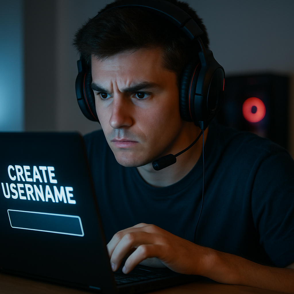 A gamer intensely focused on their screen, creating a username on a laptop. Create a photorealistic, professional, natural-looking image with believable lighting and detail.