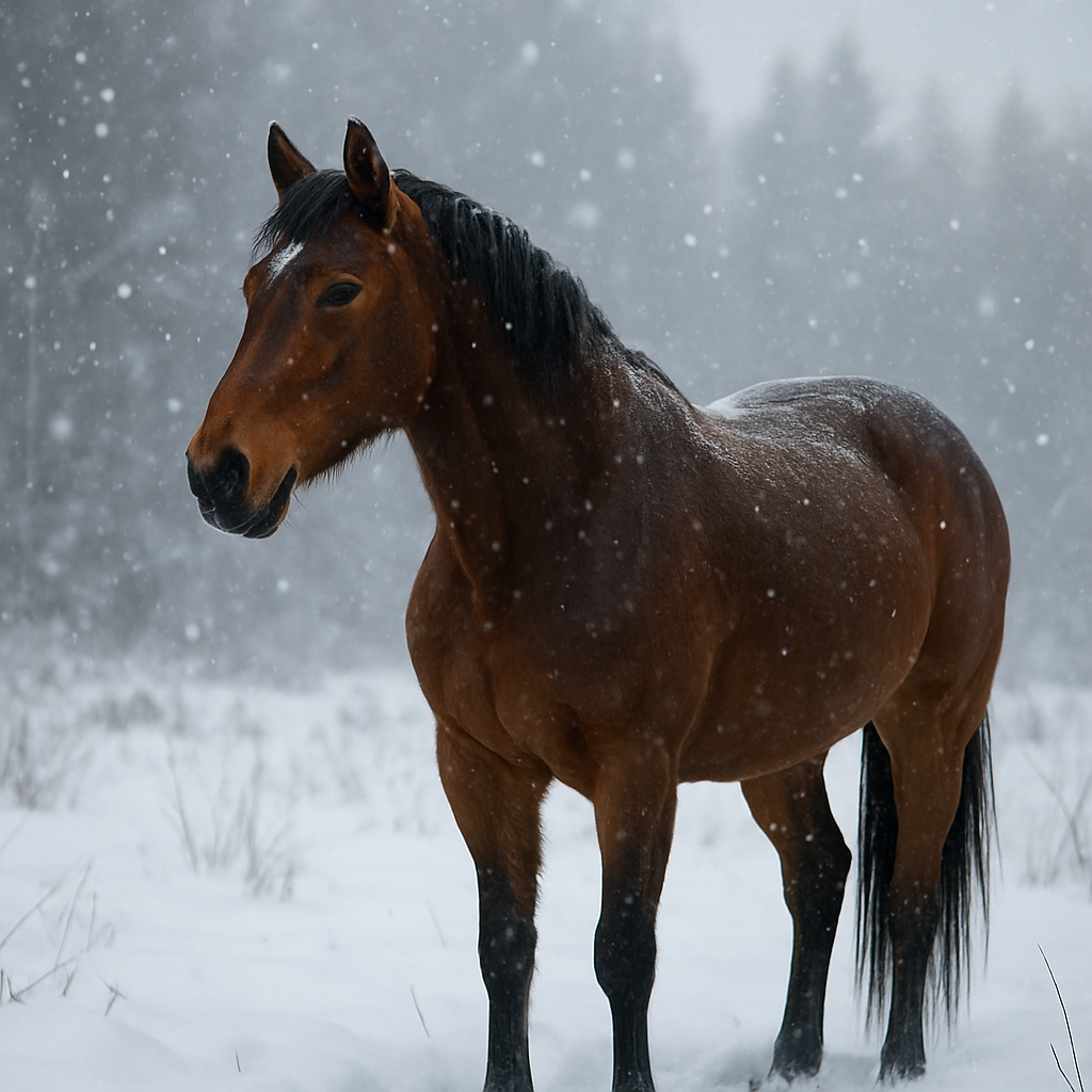 A natural scene depicting a horse in a wintery landscape with snowflakes gently falling. Create a photorealistic, professional, natural-looking image with believable lighting and detail.