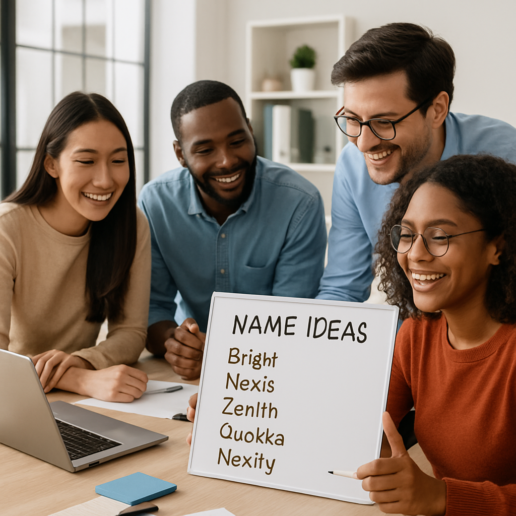 A diverse team collaborating over name ideas in a bright office setting