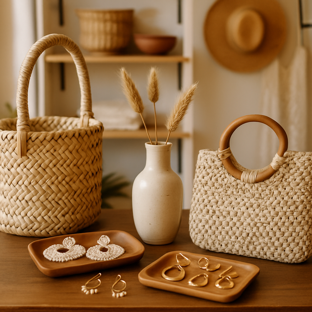 A close-up of various handcrafted items displayed elegantly in a boutique.