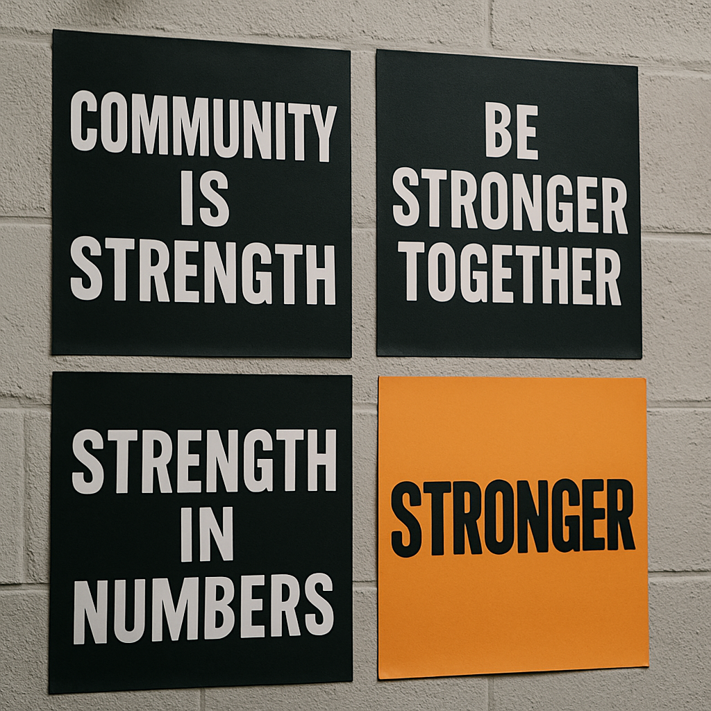 A close-up of motivational fitness posters on the studio wall, emphasizing community and strength.