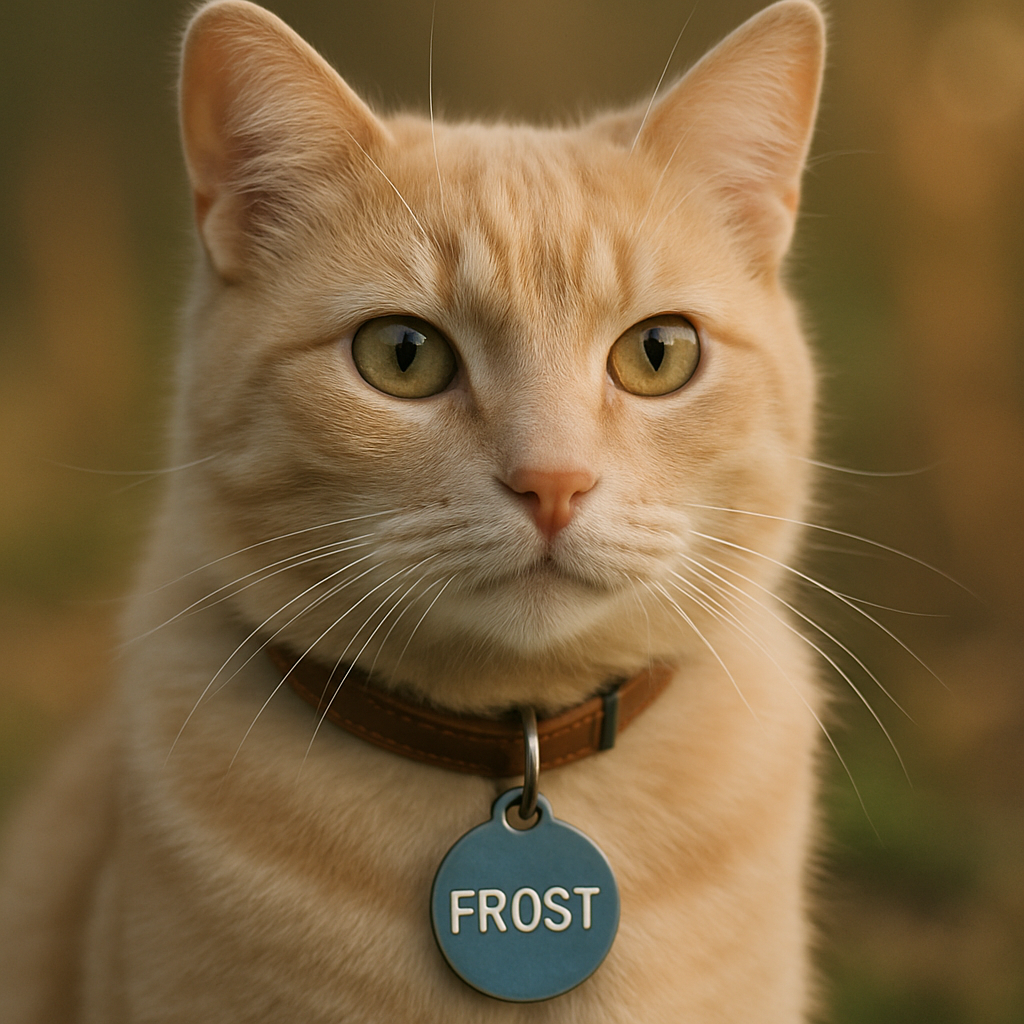 A close-up image of a pet with a name tag showing a seasonal name, like "Frost" or "Blossom". Create a photorealistic, professional, natural-looking image with believable lighting and detail.