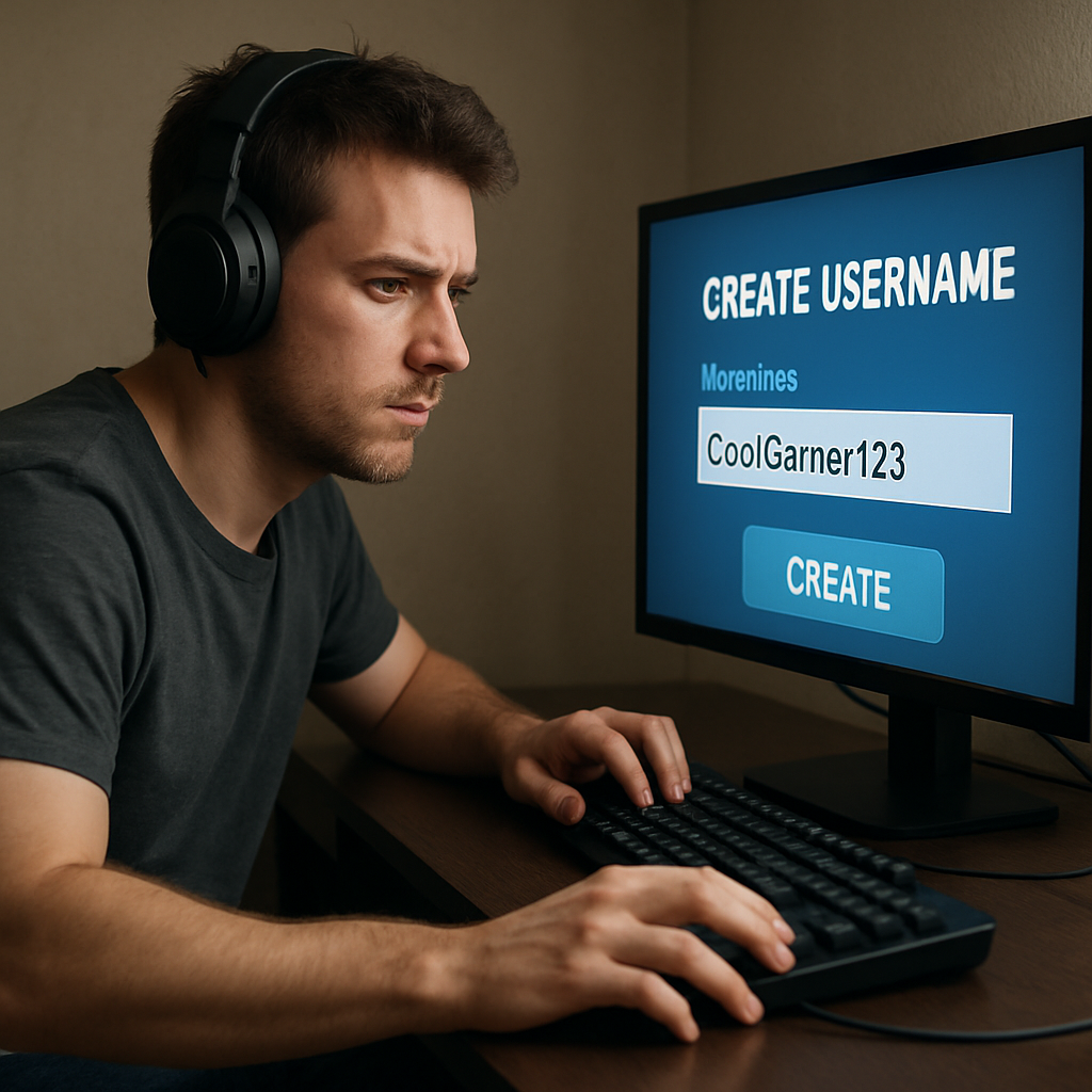 A gamer creating a username on their computer with focused expression. Create a photorealistic, professional, natural-looking image with believable lighting and detail.