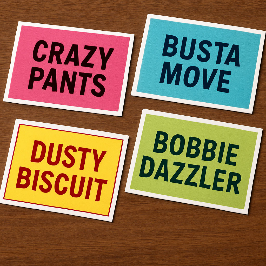 A close-up of silly jockey name cards with bright colors and designs that capture attention. Create a photorealistic, professional, natural-looking image with believable lighting and detail.