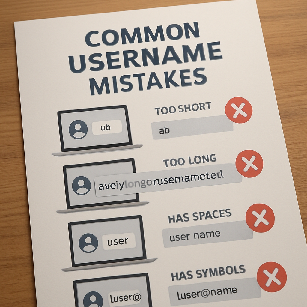 An infographic displaying common username mistakes with visuals. Create a photorealistic, professional, natural-looking image with believable lighting and detail.