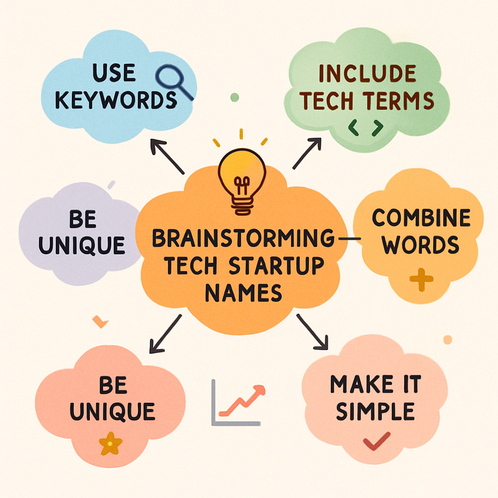 A visual summary of tips for brainstorming tech startup names, featuring a creative mind map.