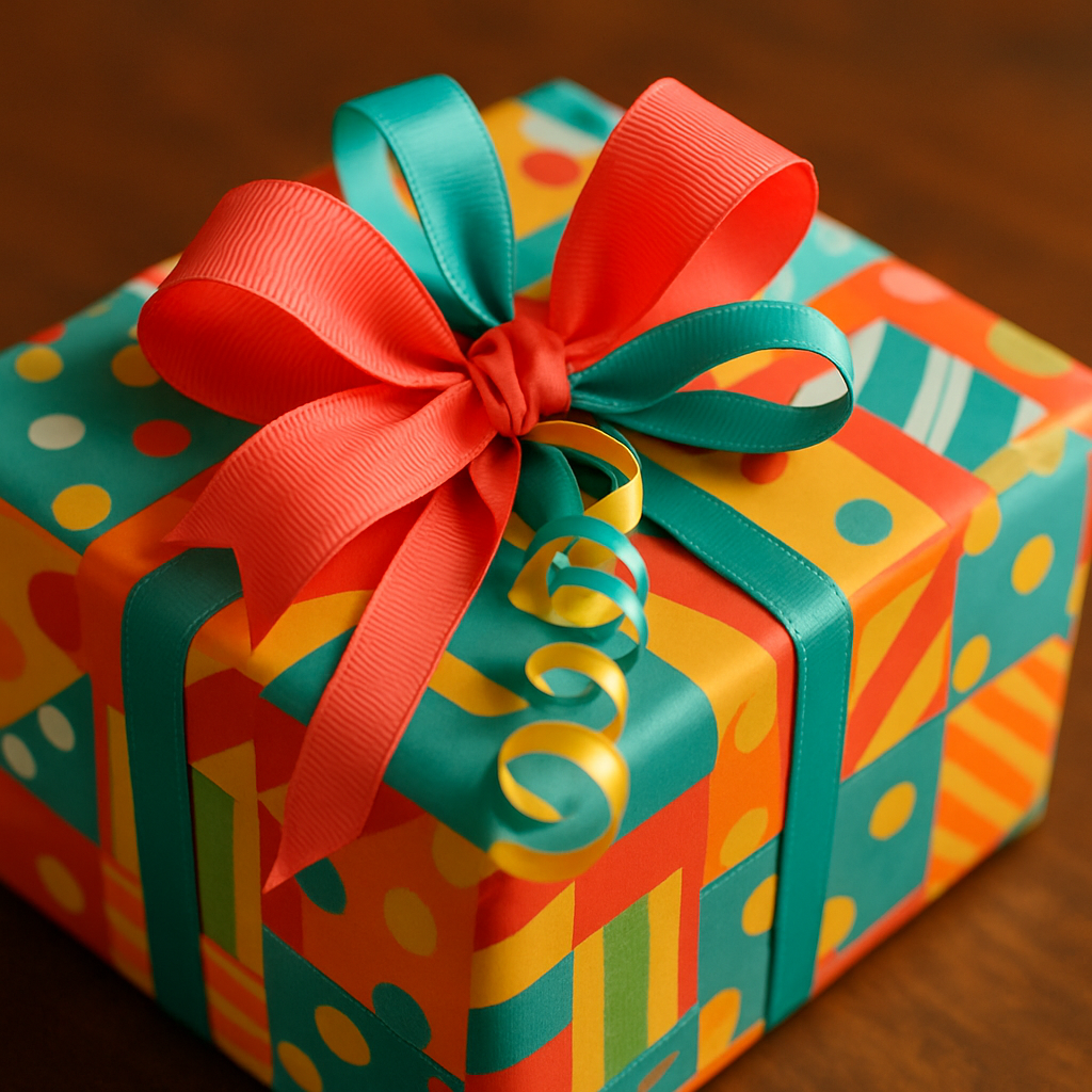 A close-up of a charming gift wrapped in colorful paper and ribbons.